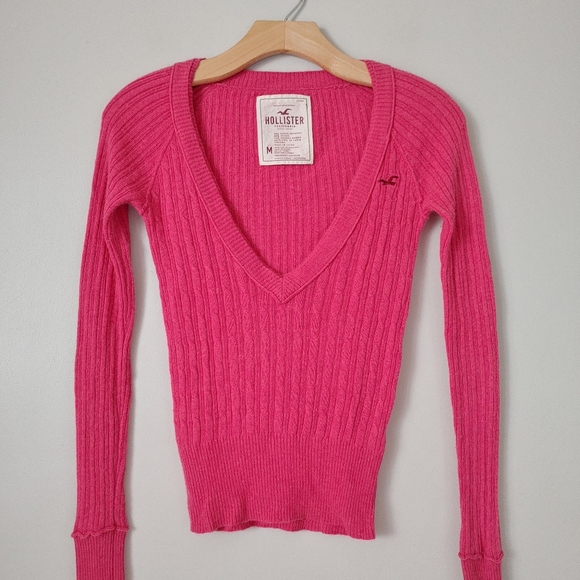 Hollister Vintage 2000s V-Neck Cable Knit Sweater Pink Size Medium - Picture 5 of 15